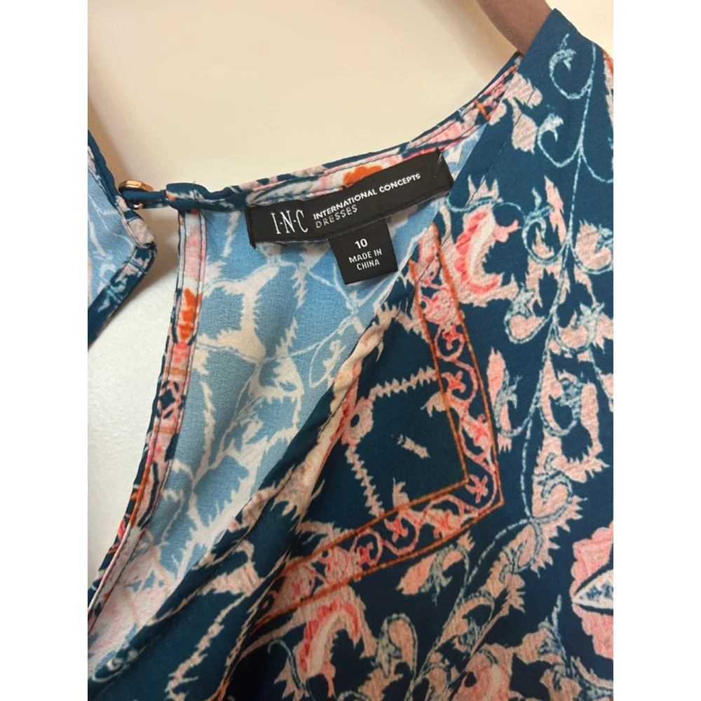 Women's INC International Concepts Teal Pink Floral Midi Dress Size 10 - Picture 2 of 6